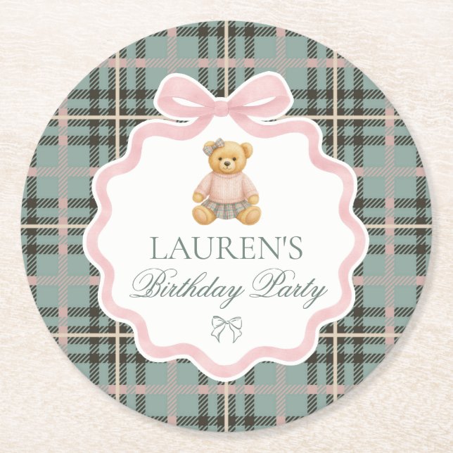 Porta-copo De Papel Redondo Pink Coquette Bow Bear Plaid Birthday  (Frente)