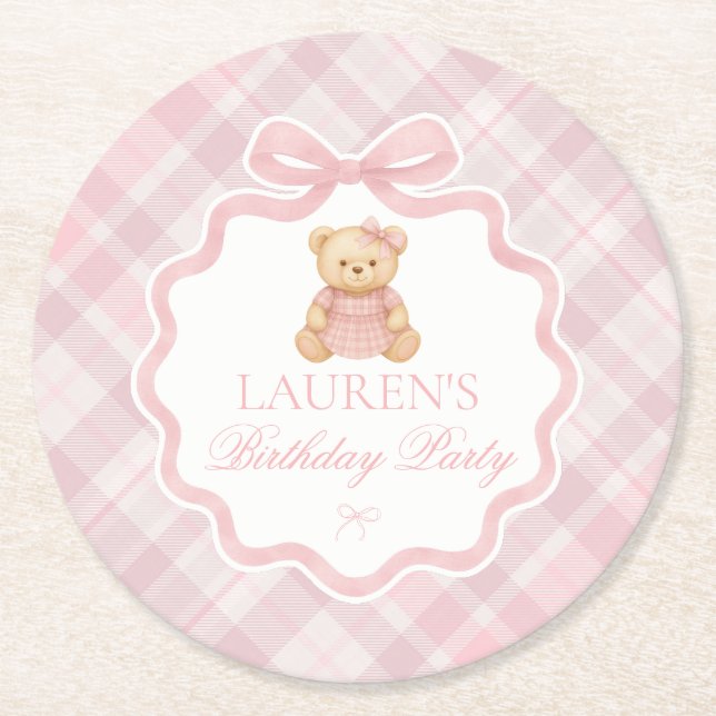 Porta-copo De Papel Redondo Pink Coquette Bow Bear Plaid Birthday  (Frente)
