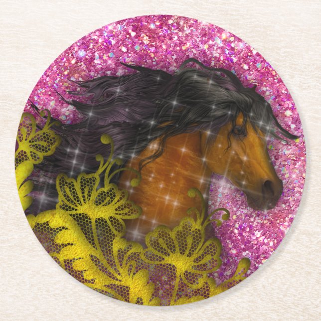 Porta-copo De Papel Redondo Pink Glitter Horse (Frente)