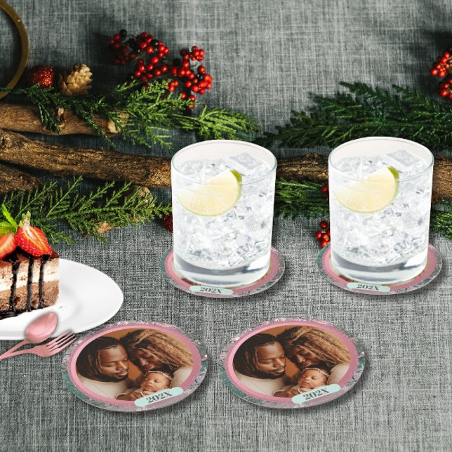 Porta-copo De Papel Redondo Pink Winter Christmas Family Photo (Criador carregado)