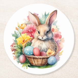 Porta-copo De Papel Redondo pintura de felz pascoa Bunny Watercolor