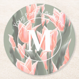 Porta-copo De Papel Redondo Pintura de Tulipas Monogramas Peach da Família El