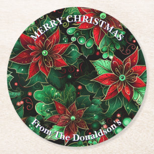 Porta-copo De Papel Redondo Poinsettias de Natal Personalizadas Nome da Famíli
