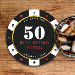 Porta-copo De Papel Redondo Poker Chip 50ª Festa de aniversário<br><div class="desc">Legal,  preto,  branco,  vermelho e dourado casino chip poker 50ª porta copos. Personalize-o com os detalhes do evento.</div>