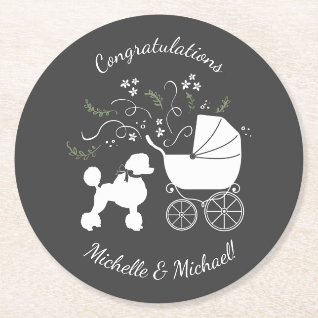 Porta-copo De Papel Redondo Poodle Chá de fraldas de Cachorro Cinza (Frente)