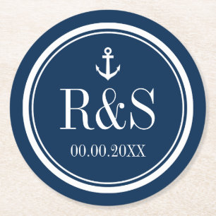 Porta-copo De Papel Redondo Porta copos náutica do casamento do monograma dos