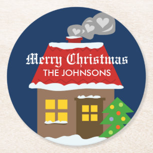 Porta-copo De Papel Redondo Portas copos de Natal com uma cabana de inverno fo