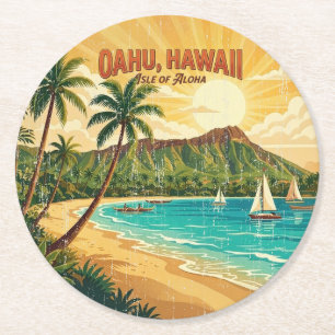 Porta-copo De Papel Redondo Pôsteres de Viagem Havaianos Antigos - Oahu