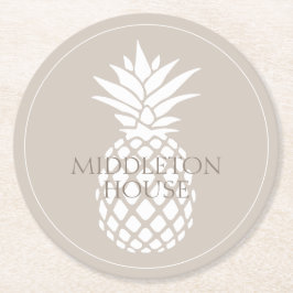 Porta-copo De Papel Redondo Preppy White Pineapple on Beige Personalized