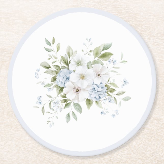 Porta-copo De Papel Redondo Pretty Blue White Floral Bridal Shower (Frente)