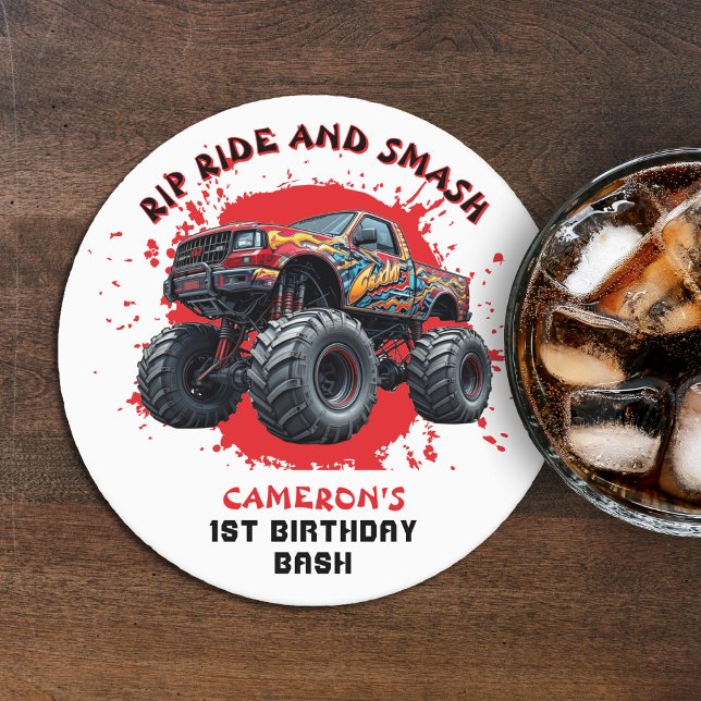 Porta-copo De Papel Redondo Primeiro aniversario de Sinalizador Verificado do  (Monster Truck Smash Checkered Flag 1st Birthday Round Paper Coaster
)