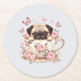 Porta-copo De Papel Redondo Pug Blossom Dreams Coaster – Cute Floral Pug Drink