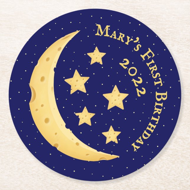 Porta-copo De Papel Redondo Queijo Lua e Estrelas Personalizado (Frente)