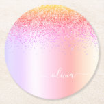 Porta-copo De Papel Redondo Rainbow Pastel Girly Glitter Metal Monograma Nome<br><div class="desc">Portas copos De Papel De Nome Do Rainbow Pastel Faux Foil Metálico Sparkle Glitter Brugado Metal Monograma. Isso faz a formatura perfeita,  aniversário,  casamento,  chá de panela,  aniversário,  chá de fraldas ou presente de festa de solteira para alguém que ama luxo de vidro e estilos quíticos.</div>