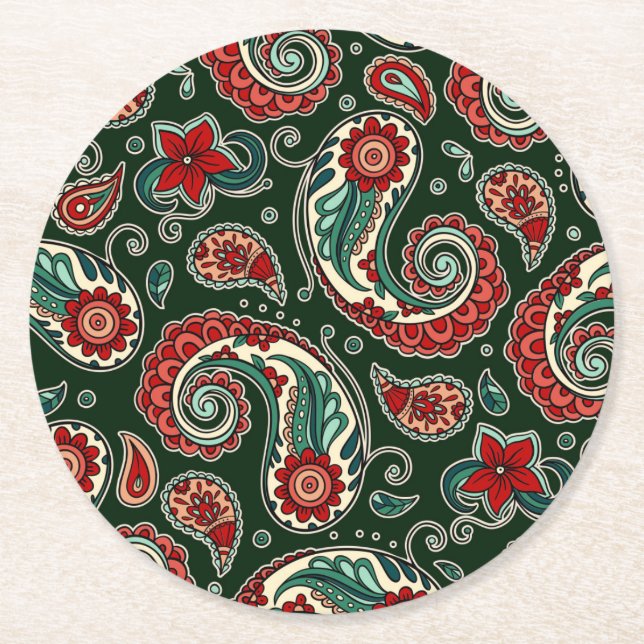 Porta-copo De Papel Redondo Red and Green Paisley Paper Coaster (Frente)