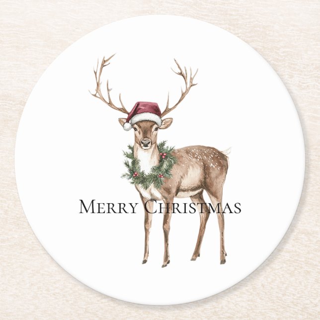 Porta-copo De Papel Redondo Red Hat Reindeer Natal (Frente)
