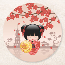 Porta-copo De Papel Redondo Red Sakura Kokeshi Doll - Geisha Japonês