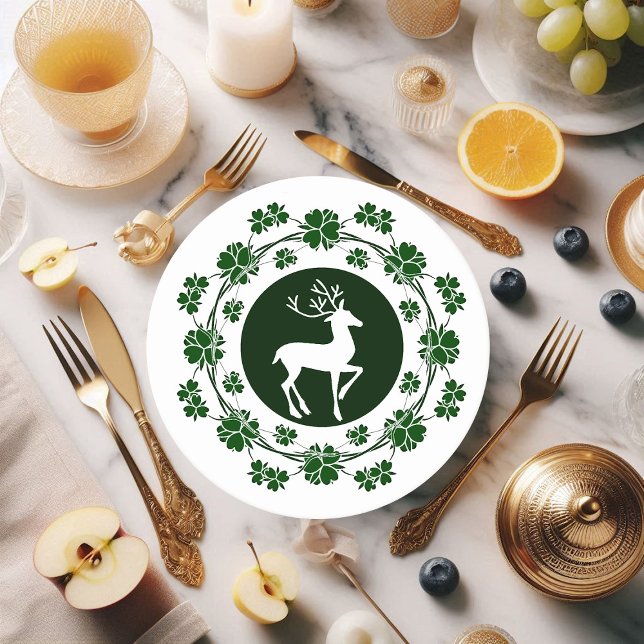 Porta-copo De Papel Redondo Reindeer de Wreath de Natal Verde (Green Christmas Wreath Reindeer Round Paper Coaster)