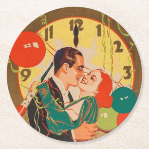 Porta-copo De Papel Redondo Relógio Vintage Art Déco de Beijo de Réveillon