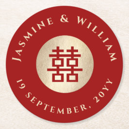 Porta-copo De Papel Redondo Retângulo Dourado Felicidade Dupla Casamento Chinê