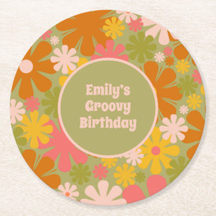 Porta-copo De Papel Redondo Retro 60s 70s estética Groovy Floral Personalizado