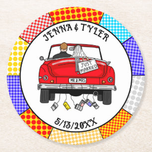 Porta-copo De Papel Redondo Retro Pop Art Sr. & Sra.   Acabou de casar