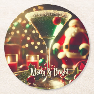 Porta-copo De Papel Redondo Retro Santa de Natal dos anos 50 Martini Verde