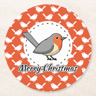Porta-copo De Papel Redondo Robin on Orange White Bird Pattern - Feliz Natal