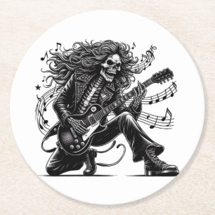Porta-copo De Papel Redondo Rockstar com esqueleto dinâmico tocando guitarra e