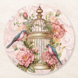 Porta-copo De Papel Redondo Romântica Vintage Watercolor Birdcage Floral