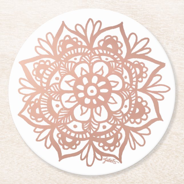 Porta-copo De Papel Redondo Rosa Dourado Mandala (Frente)