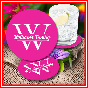 Porta-copo De Papel Redondo Rosa e Branco   Monograma Simples de Sobrenome de 