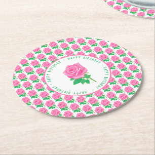 Porta-copo De Papel Redondo Rosa Rosa Feliz Aniversário
