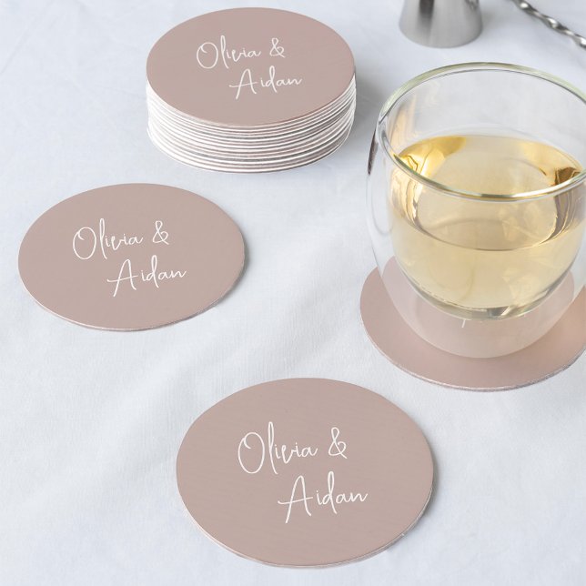 Porta-copo De Papel Redondo Rosa Taupe | Casamento de Script Manuscrito Modern (Criador carregado)