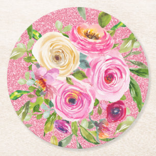 Porta-copo De Papel Redondo Rosas em Aquarela em Rosa e Creme com Brilho Cor-d