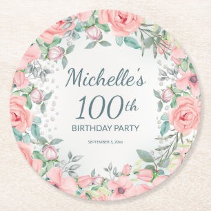 Porta-copo De Papel Redondo Rosas Florais em Aquarela Rosa Aniversário de 100 