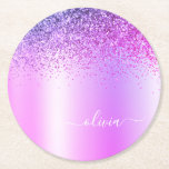 Porta-copo De Papel Redondo Roteiro Roxo Monograma Glitter Sparkle<br><div class="desc">Folha fina Roxa Folha Metálica Brilhante Metálica Brilhante Bruta Monograma Nome Portas copos de Papel. Isso faz a formatura perfeita,  aniversário,  casamento,  chá de panela,  aniversário,  chá de fraldas ou presente de festa de solteira para alguém que ama luxo de vidro e estilos quíticos.</div>