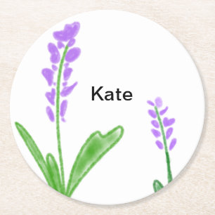 Porta-copo De Papel Redondo Roxo lavanda floral aquarela adicionar nome texto