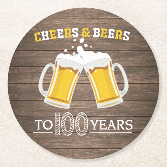 Porta-copo De Papel Redondo Rustic Cheers and Beers to 100 Year (Frente)