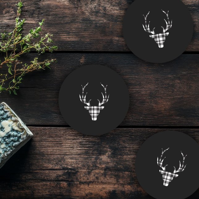 Porta-copo De Papel Redondo Rustic Elegant Plaid Deer Christmas  (rustic elegant christmas coaster. black plaid deer design)