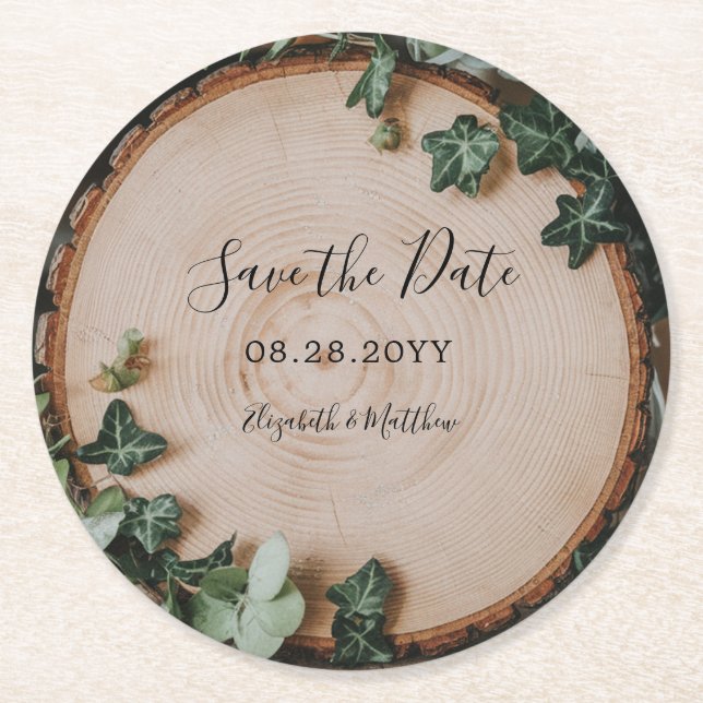 Porta-copo De Papel Redondo Rustic Greenery & Wood Slice Salvar a Data (Frente)