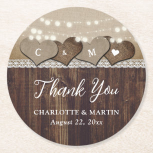 Porta-copo De Papel Redondo Rustic Wood Hearts Monograma Wedding Obrigado