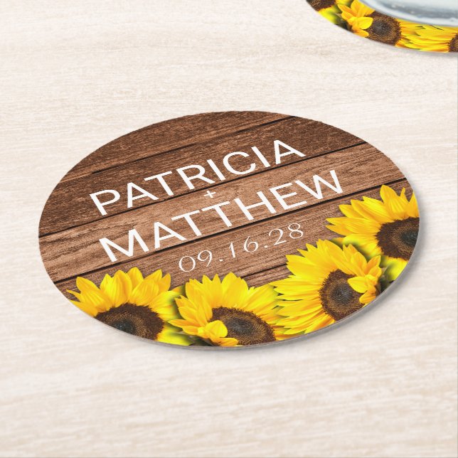 Porta-copo De Papel Redondo Rustic Wood Sunflower Personalized Wedor Favor (Angulado)