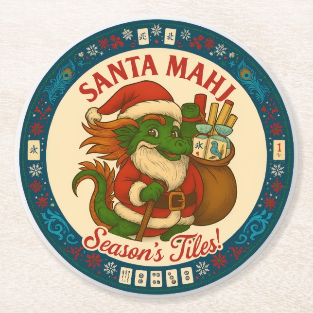 Porta-copo De Papel Redondo Santa Mahj Festive Round Paper Coasters (Frente)