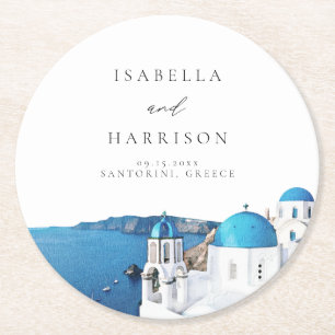 Porta-copo De Papel Redondo SANTORINI GRÉCIA Horizonte Destino em Aquarela