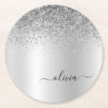 Porta-copo De Papel Redondo Script Girly Sparkle Glitter Monograma de Silver<br><div class="desc">Portas copos De Papel Com Nome Monograma De Folha De Silver Faux Folha Metálica Glitter De Farelo Brugado De Metal Monograma. Isso faz a formatura perfeita, aniversário, casamento, chá de panela, aniversário, chá de fraldas ou presente de festa de solteira para alguém que ama luxo de vidro e estilos quíticos....</div>