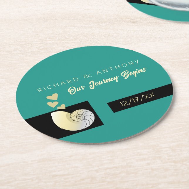 Porta-copo De Papel Redondo Seashell and Hearts, Beach Wedding (Angulado)