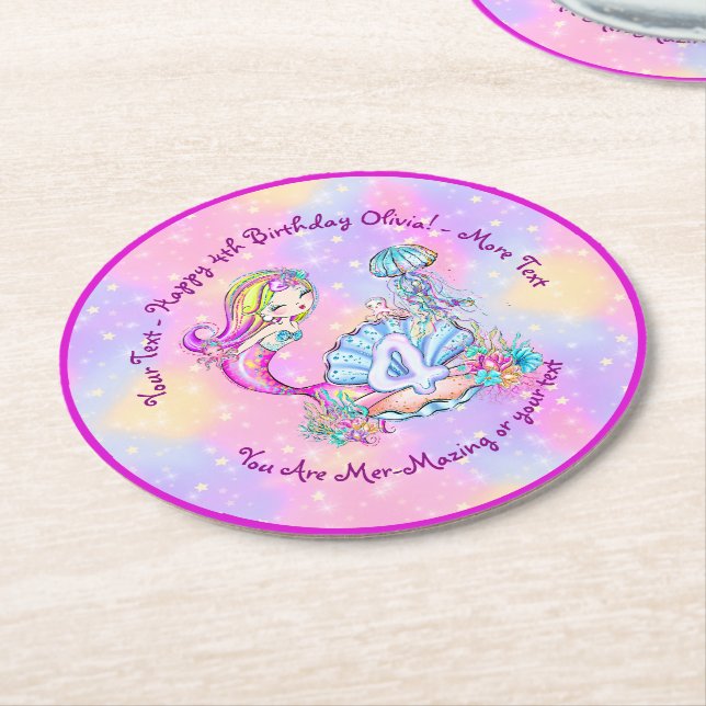Porta-copo De Papel Redondo Sereia 4º Aniversário Alterar Editar Personalizar  (Angulado)