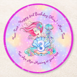 Porta-copo De Papel Redondo Sereia aniversário de 3 anos Change Edit Text Pers
