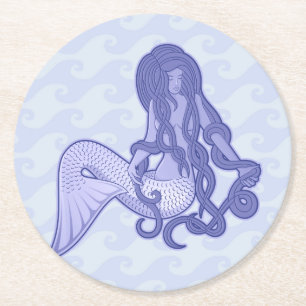 Porta-copo De Papel Redondo Sereia Sentada Azul